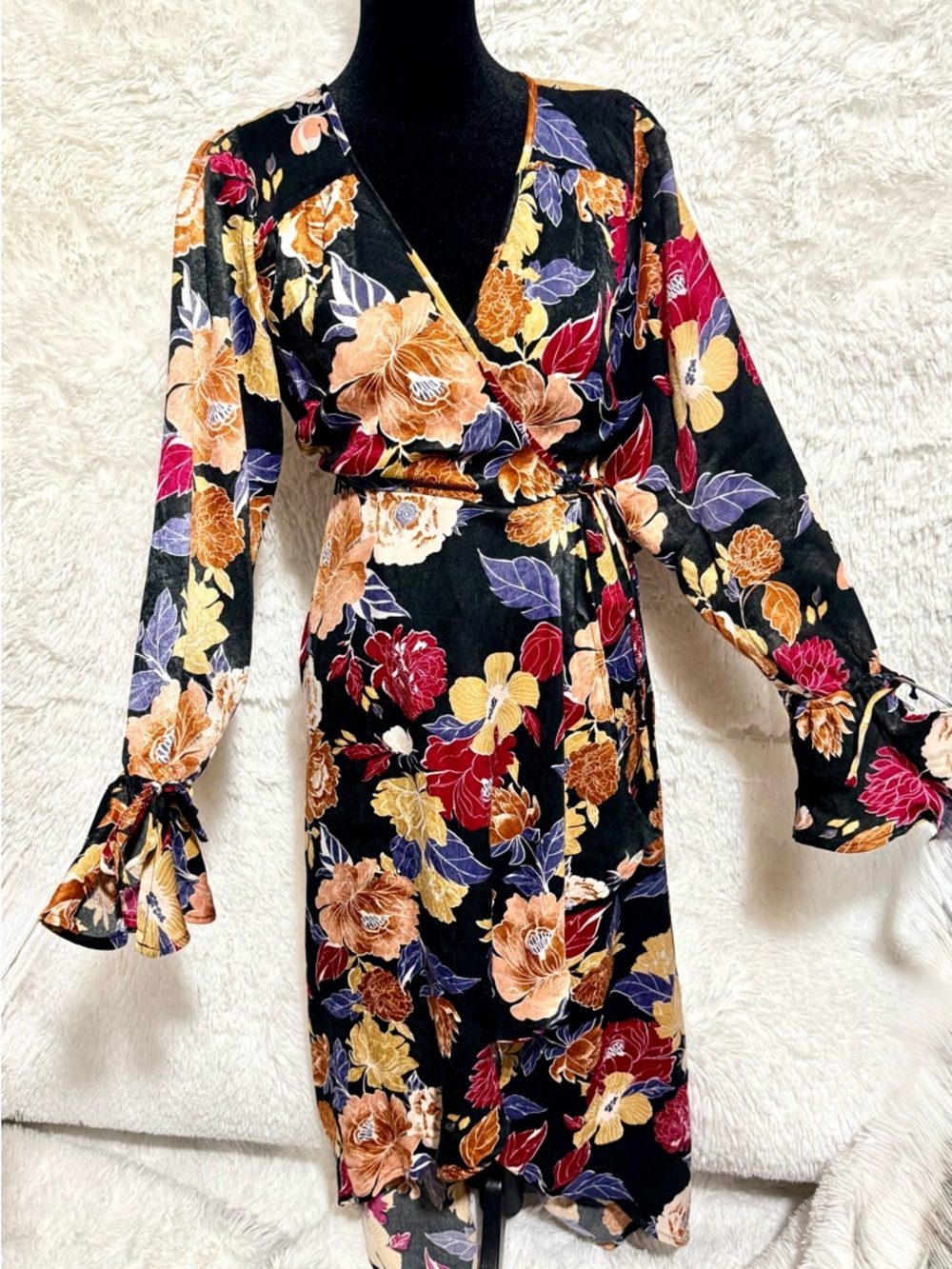 Floral Wrap High-Low Dress in Black with Rust & Wine Accents